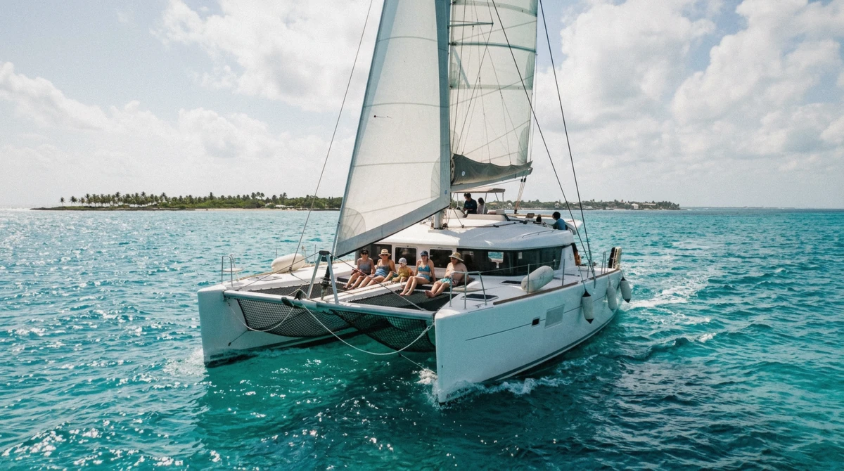 A sailing catamaran under sail on turquoise water near Isla Mujeres on a Cancun catamaran tour