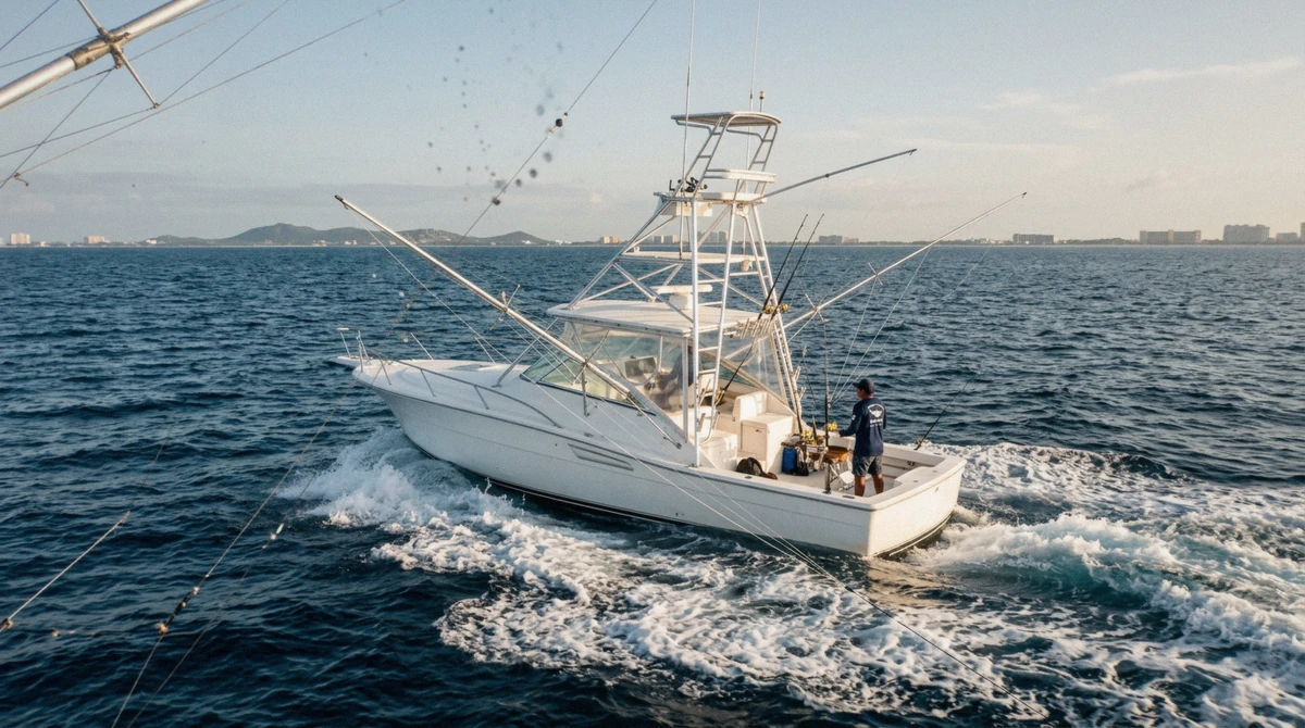 A sport fishing boat with outriggers trolling in deep blue water off Cancun on a Cancun fishing charter