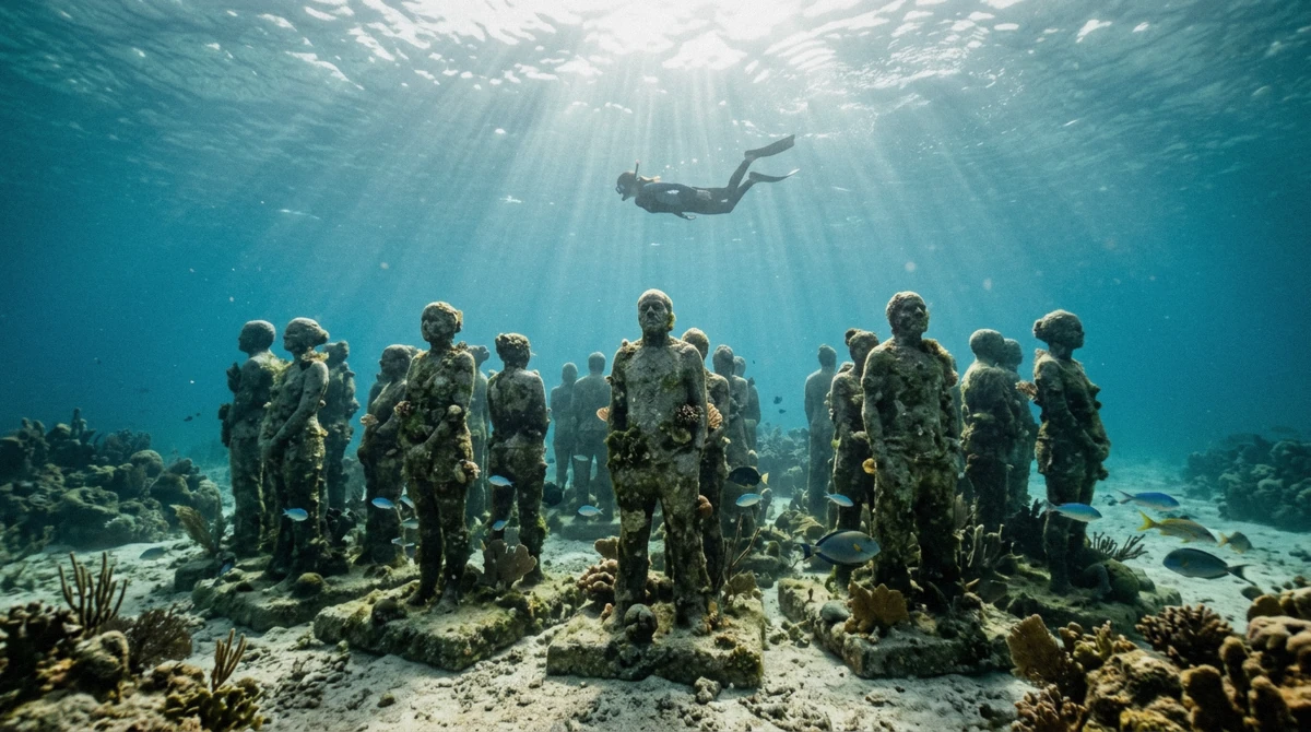 Life-size sculptures on the sea floor at the MUSA underwater museum near Cancun reached on a Cancun yacht rental