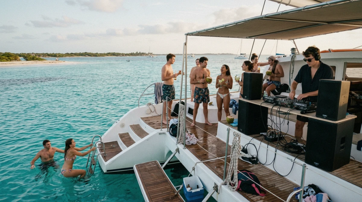 Guests and a DJ on the back deck of a party catamaran anchored in turquoise water near Isla Mujeres, a Cancun boat party