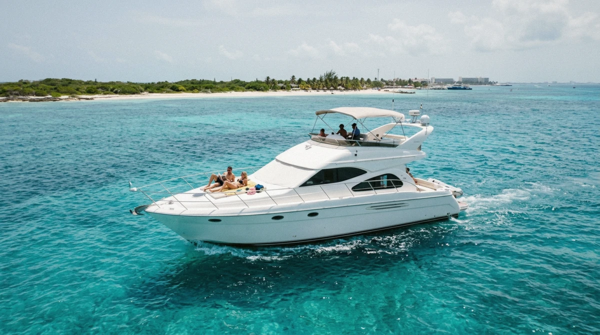 A white flybridge motor yacht cruising over turquoise water off Isla Mujeres on a private Cancun yacht rental
