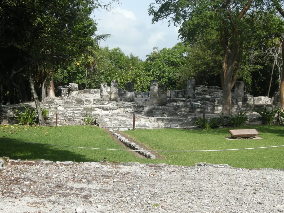 Low Maya stone walls among trees at the El Meco archaeological site near Cancun and Punta Sam