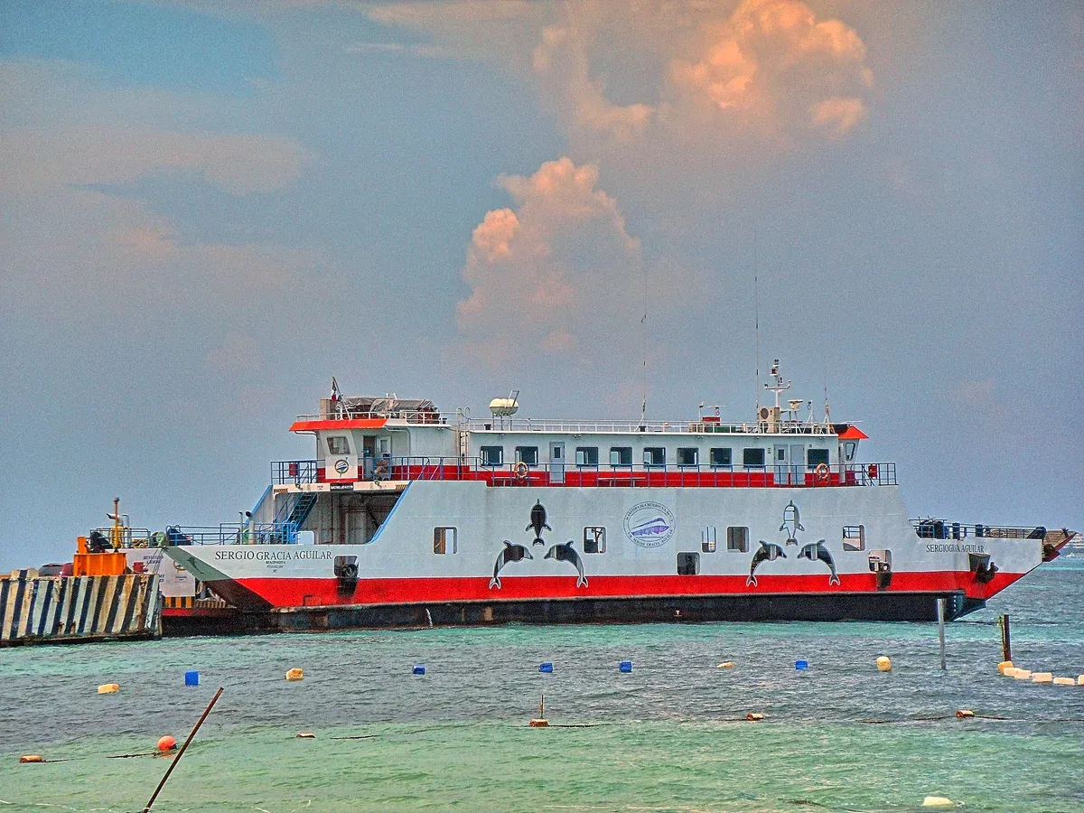 A passenger and car ferry at the Punta Sam dock north of Cancun serving Isla Mujeres from the Cancun yacht rental coast